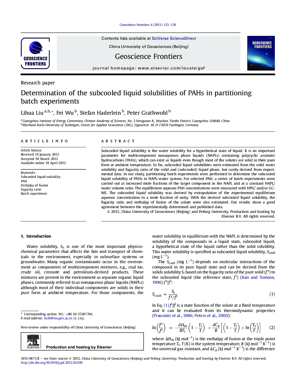 Determination of the subcooled liquid solubilities of PAHs in partitioning batch experiments 