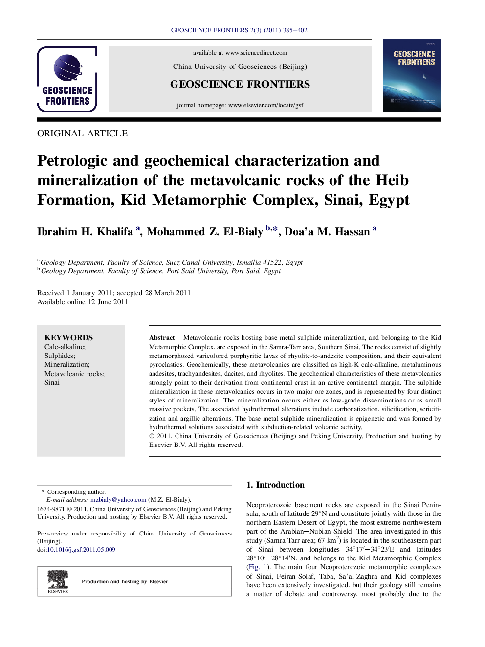 Petrologic and geochemical characterization and mineralization of the metavolcanic rocks of the Heib Formation, Kid Metamorphic Complex, Sinai, Egypt