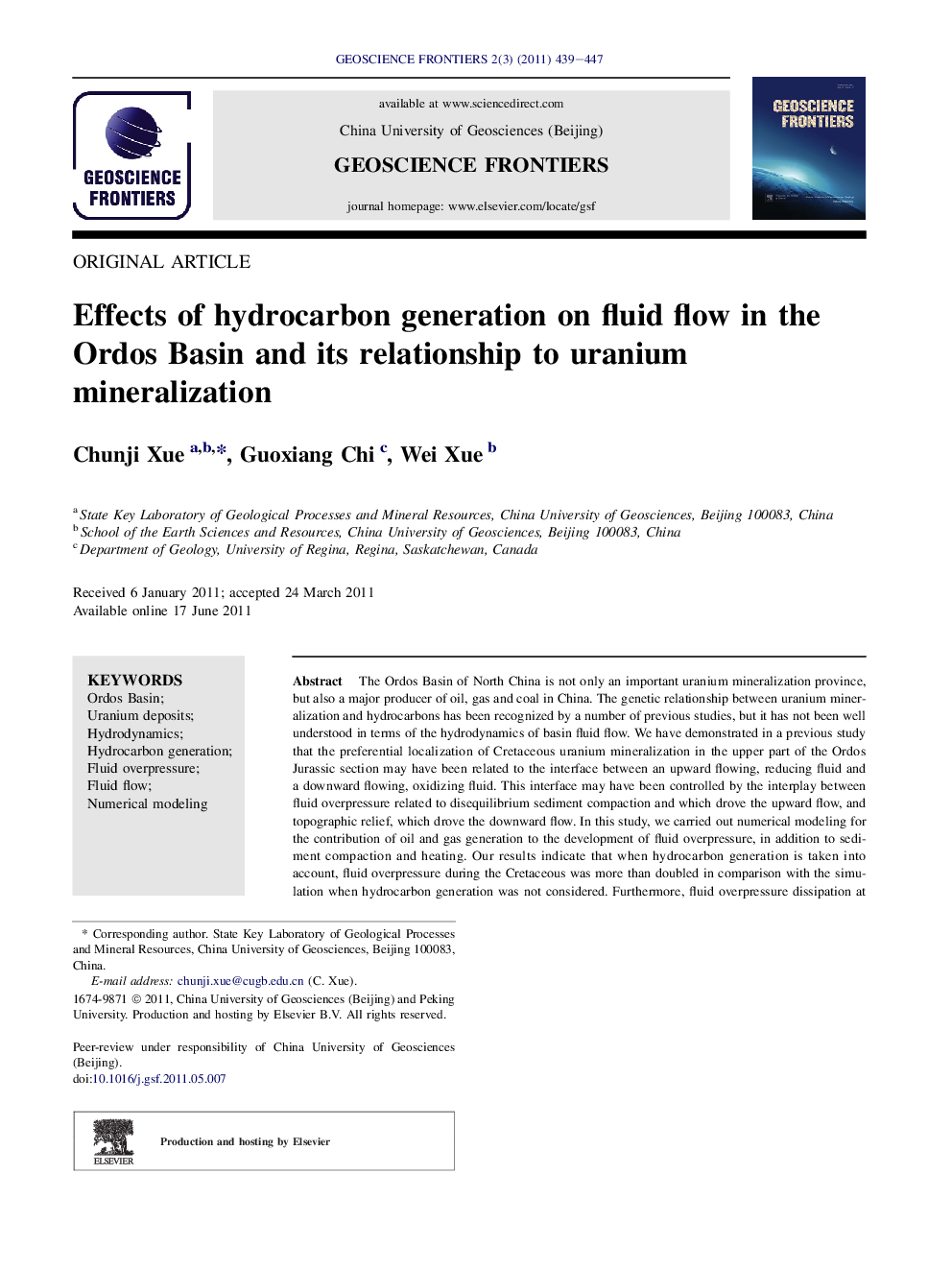 Effects of hydrocarbon generation on fluid flow in the Ordos Basin and its relationship to uranium mineralization