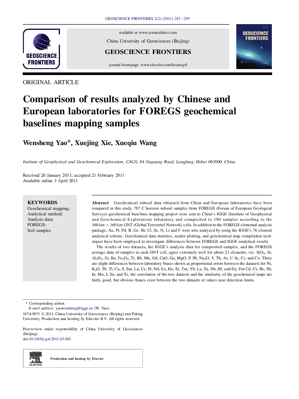 Comparison of results analyzed by Chinese and European laboratories for FOREGS geochemical baselines mapping samples