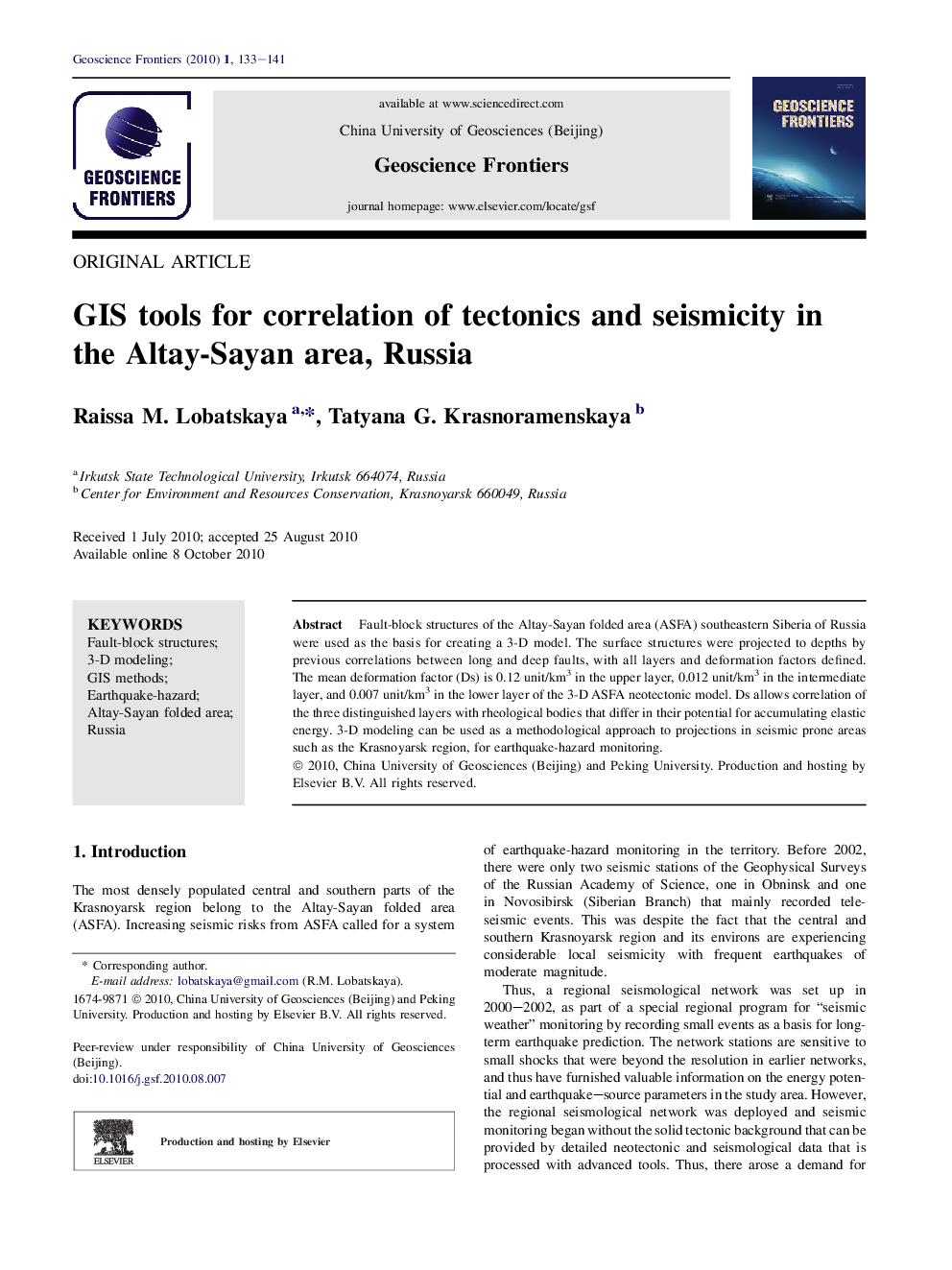 GIS tools for correlation of tectonics and seismicity in the Altay-Sayan area, Russia