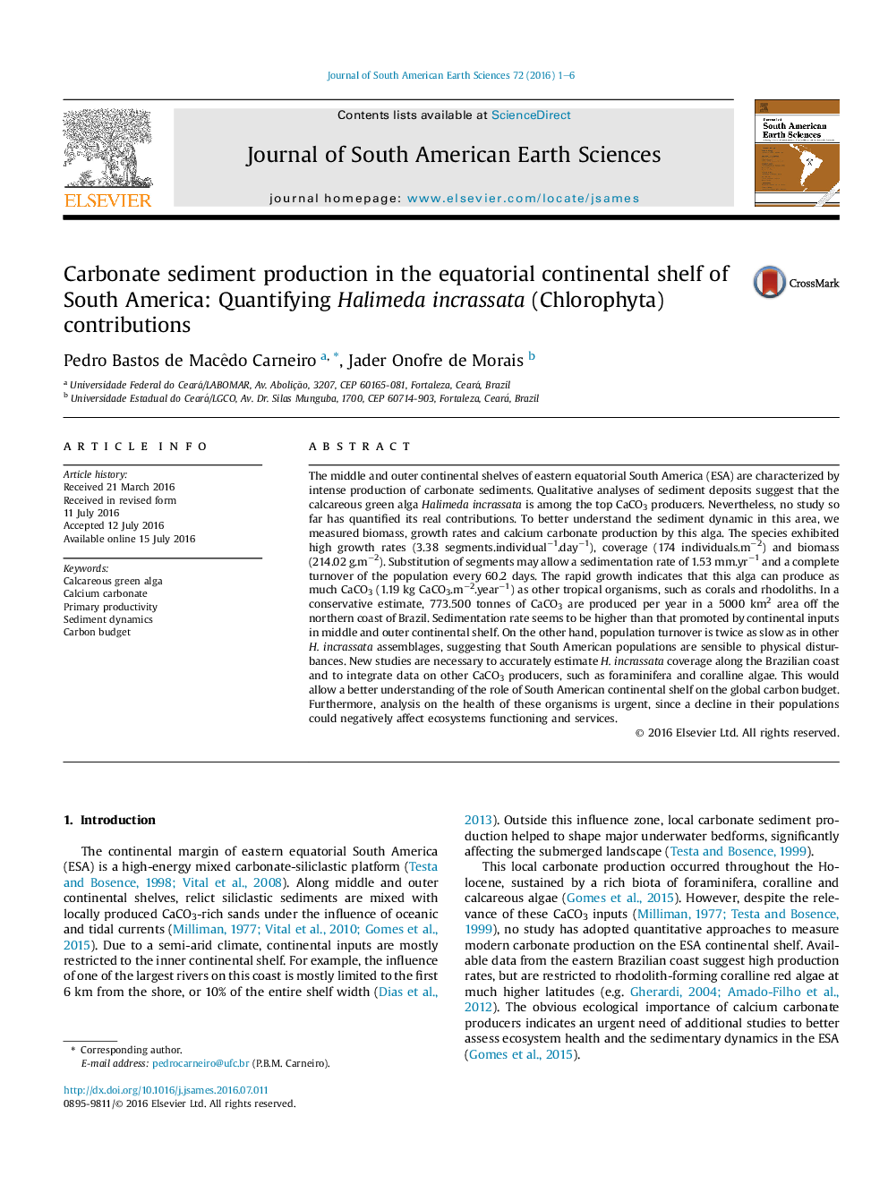 Carbonate sediment production in the equatorial continental shelf of South America: Quantifying Halimeda incrassata (Chlorophyta) contributions