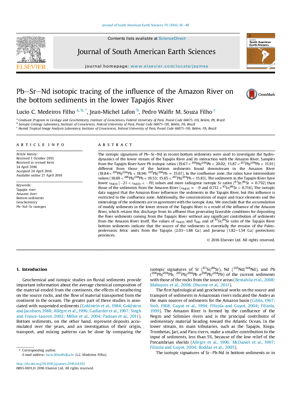 PbSrNd isotopic tracing of the influence of the Amazon River on the bottom sediments in the lower Tapajós River