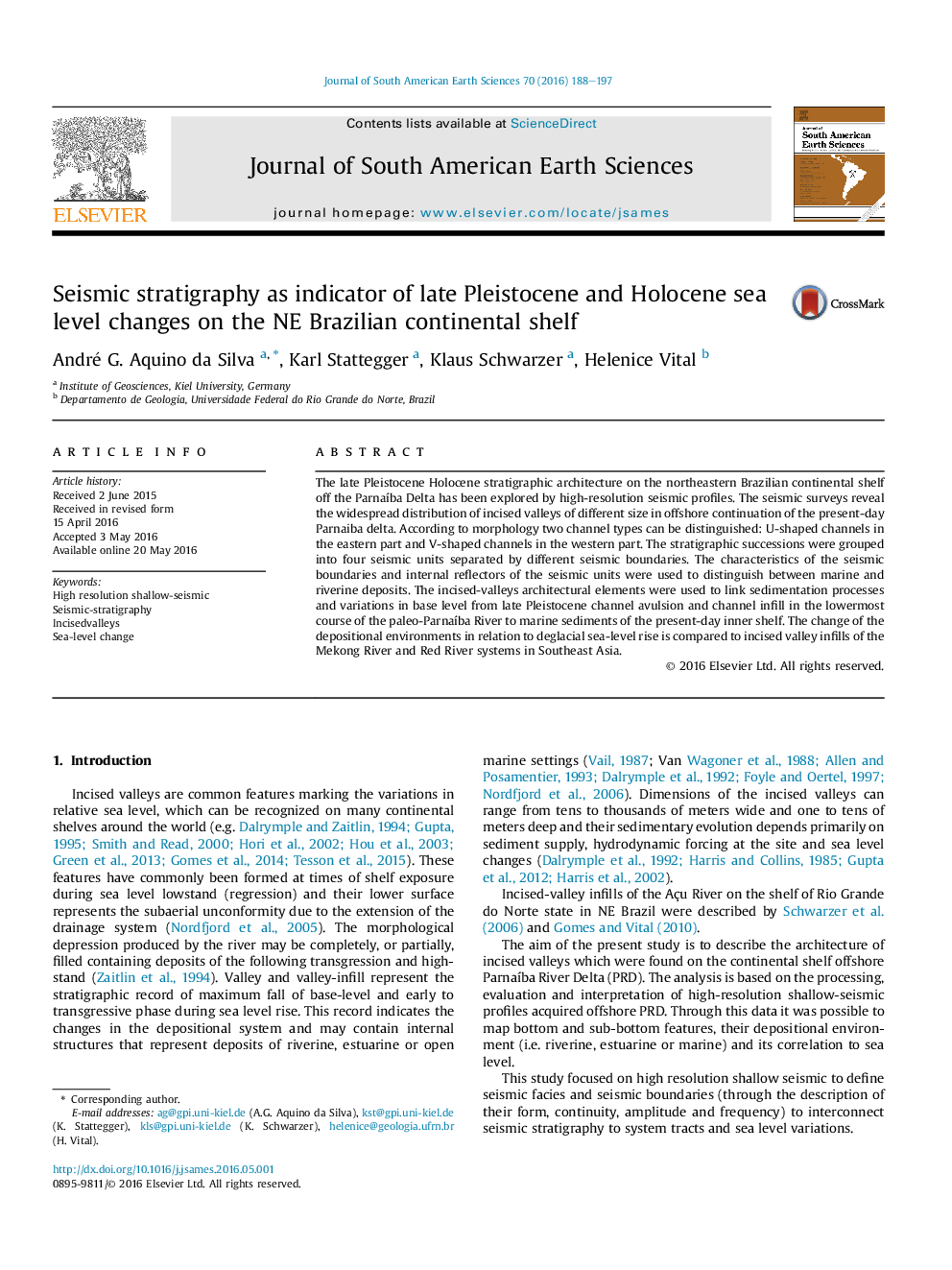 Seismic stratigraphy as indicator of late Pleistocene and Holocene sea level changes on the NE Brazilian continental shelf