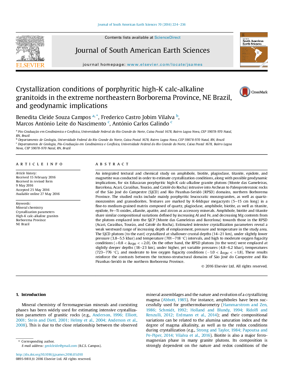 Crystallization conditions of porphyritic high-K calc-alkaline granitoids in the extreme northeastern Borborema Province, NE Brazil, and geodynamic implications