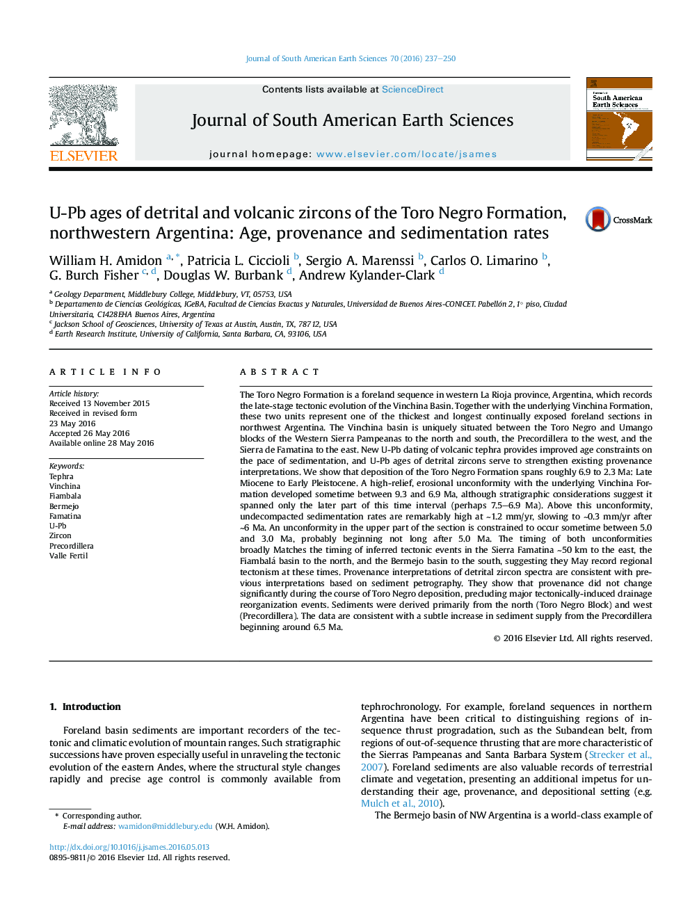 U-Pb ages of detrital and volcanic zircons of the Toro Negro Formation, northwestern Argentina: Age, provenance and sedimentation rates