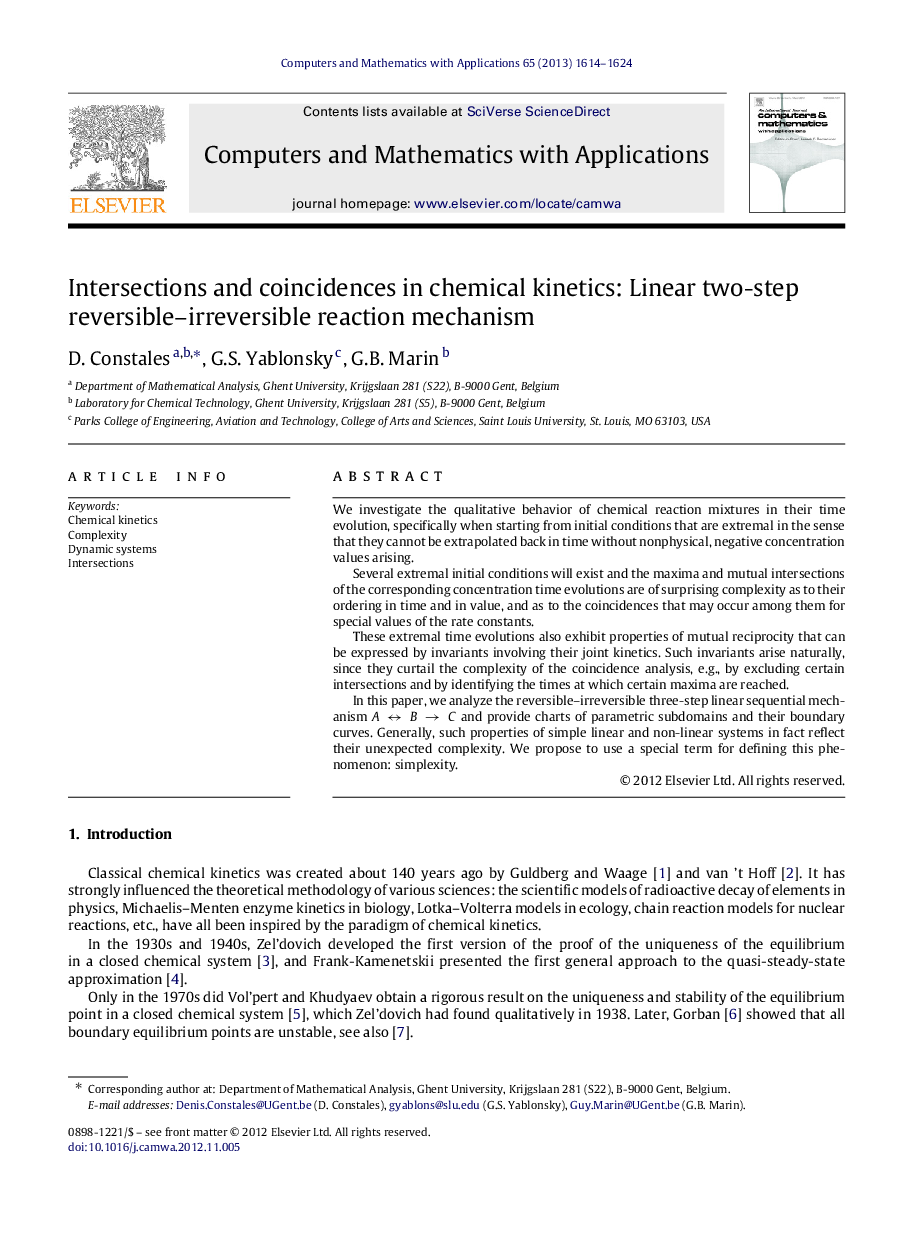 Intersections and coincidences in chemical kinetics: Linear two-step reversible–irreversible reaction mechanism