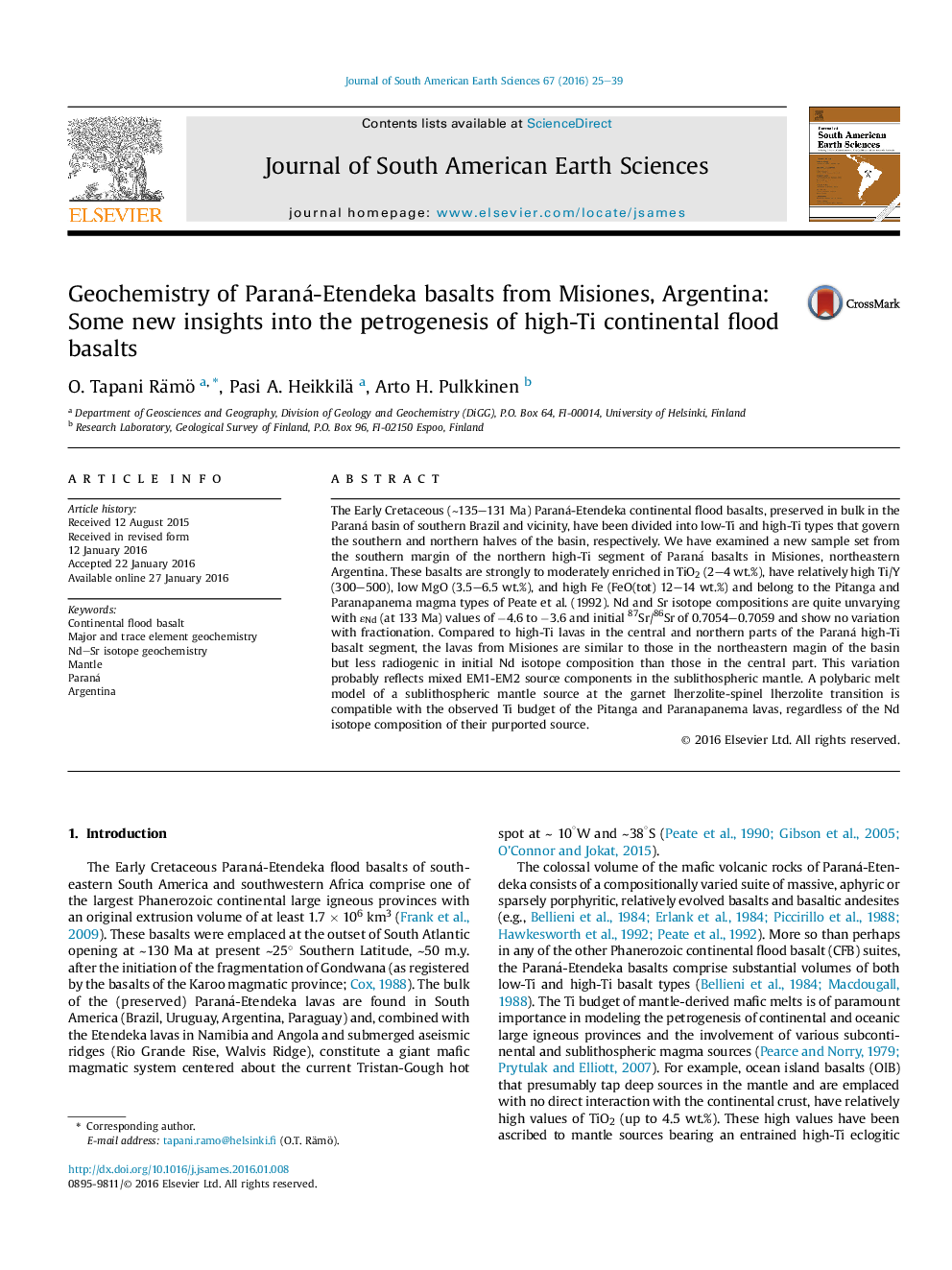 Geochemistry of Paraná-Etendeka basalts from Misiones, Argentina: Some new insights into the petrogenesis of high-Ti continental flood basalts