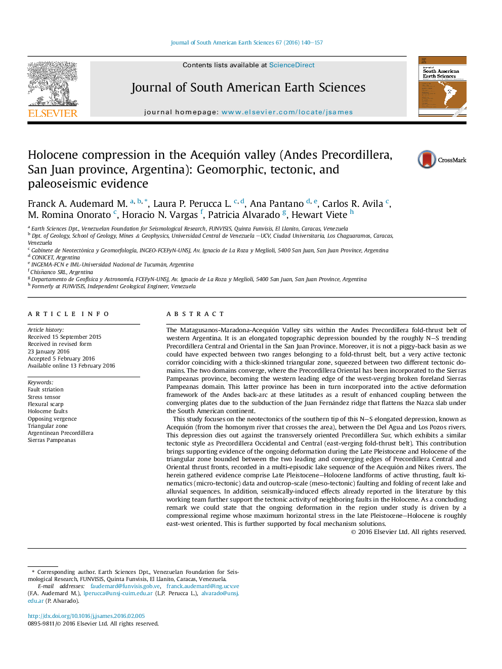 Holocene compression in the Acequión valley (Andes Precordillera, San Juan province, Argentina): Geomorphic, tectonic, and paleoseismic evidence