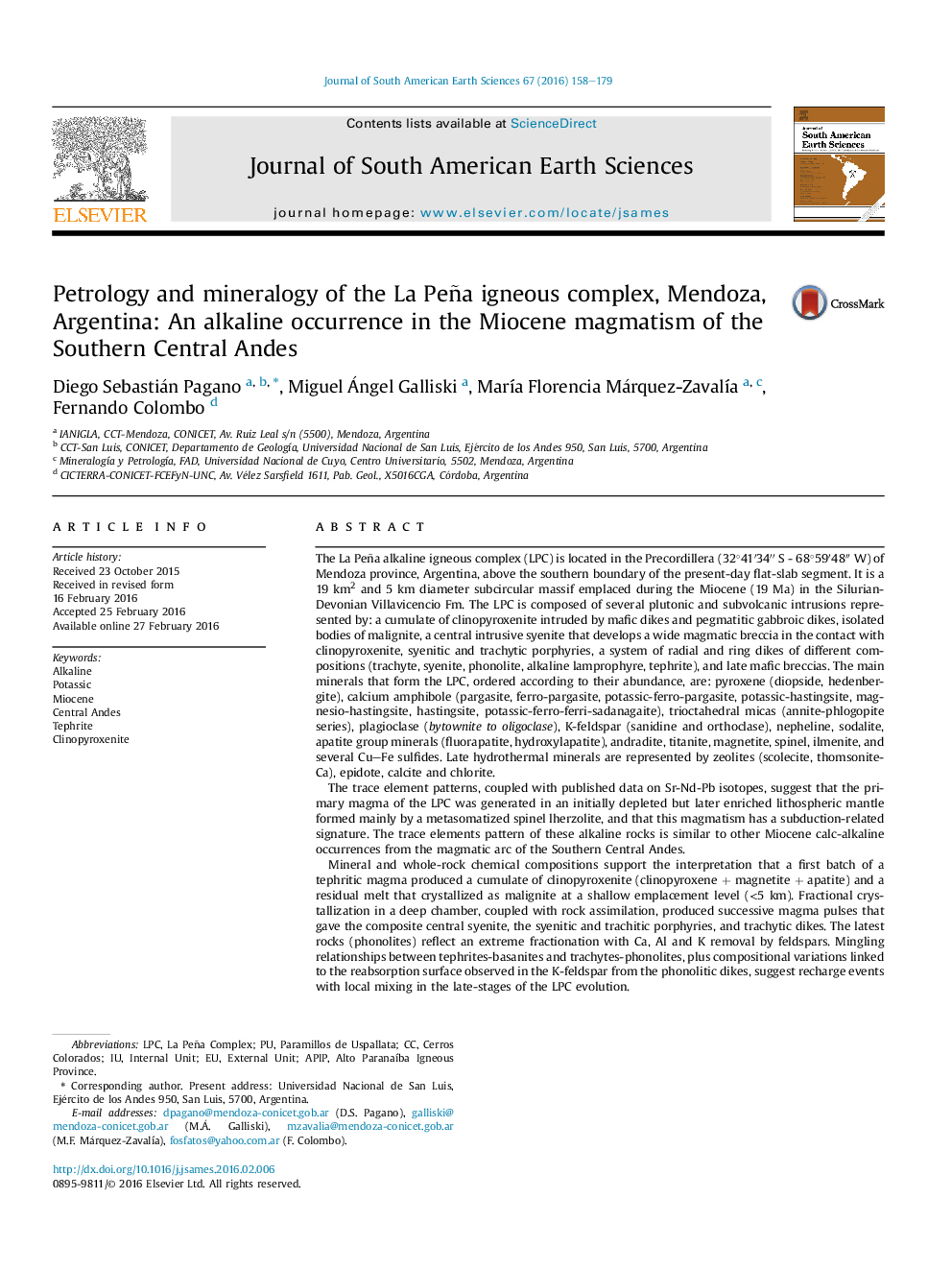 Petrology and mineralogy of the La Peña igneous complex, Mendoza, Argentina: An alkaline occurrence in the Miocene magmatism of the Southern Central Andes