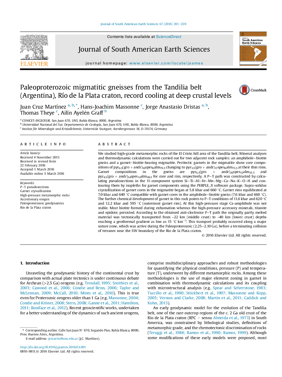 Paleoproterozoic migmatitic gneisses from the Tandilia belt (Argentina), Río de la Plata craton, record cooling at deep crustal levels