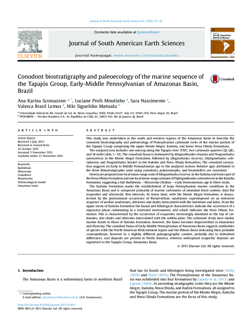 Conodont biostratigraphy and paleoecology of the marine sequence of the Tapajós Group, Early-Middle Pennsylvanian of Amazonas Basin, Brazil