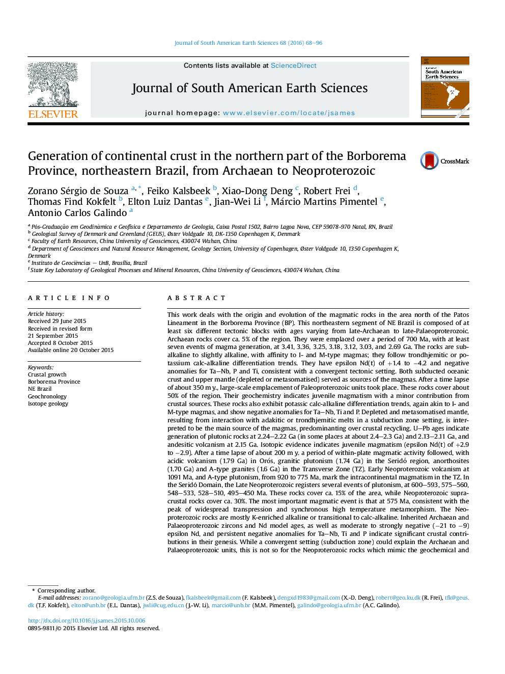 Generation of continental crust in the northern part of the Borborema Province, northeastern Brazil, from Archaean to Neoproterozoic