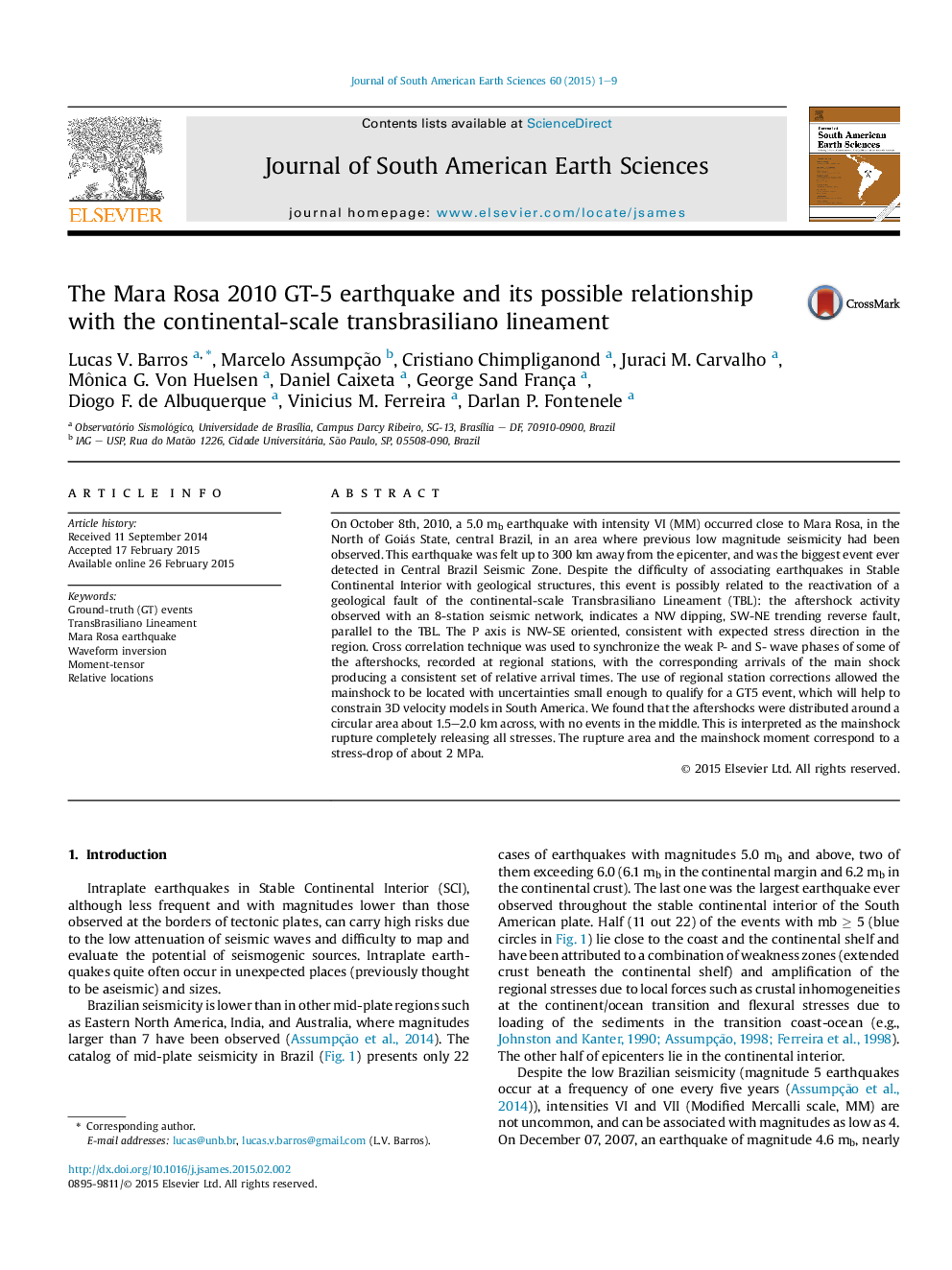 The Mara Rosa 2010 GT-5 earthquake and its possible relationship with the continental-scale transbrasiliano lineament