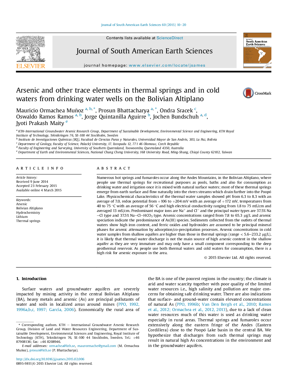 Arsenic and other trace elements in thermal springs and in cold waters from drinking water wells on the Bolivian Altiplano