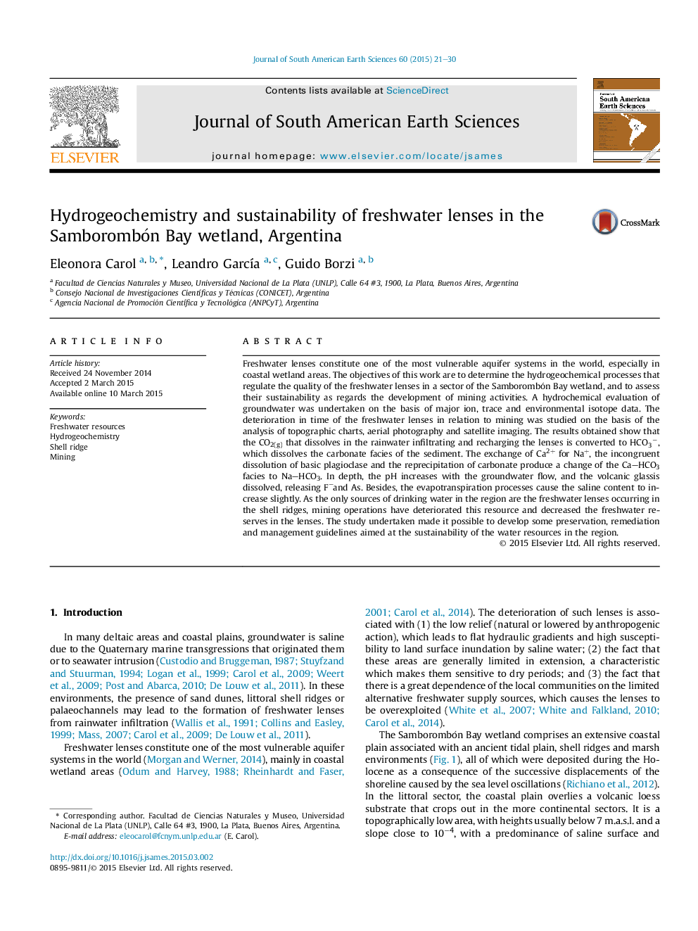 Hydrogeochemistry and sustainability of freshwater lenses in the Samborombón Bay wetland, Argentina