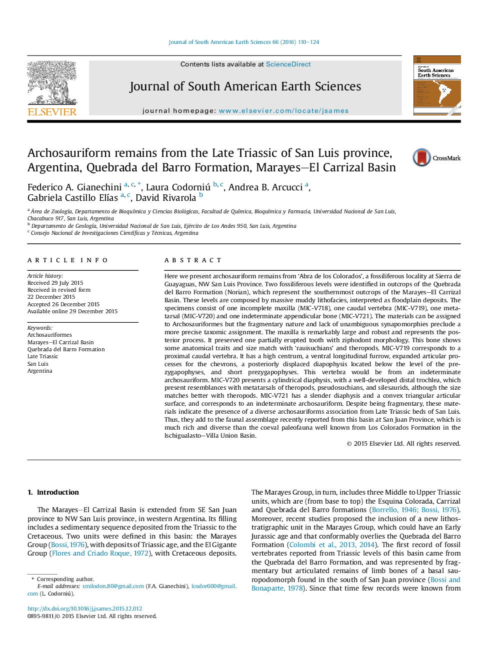 Archosauriform remains from the Late Triassic of San Luis province, Argentina, Quebrada del Barro Formation, Marayes–El Carrizal Basin