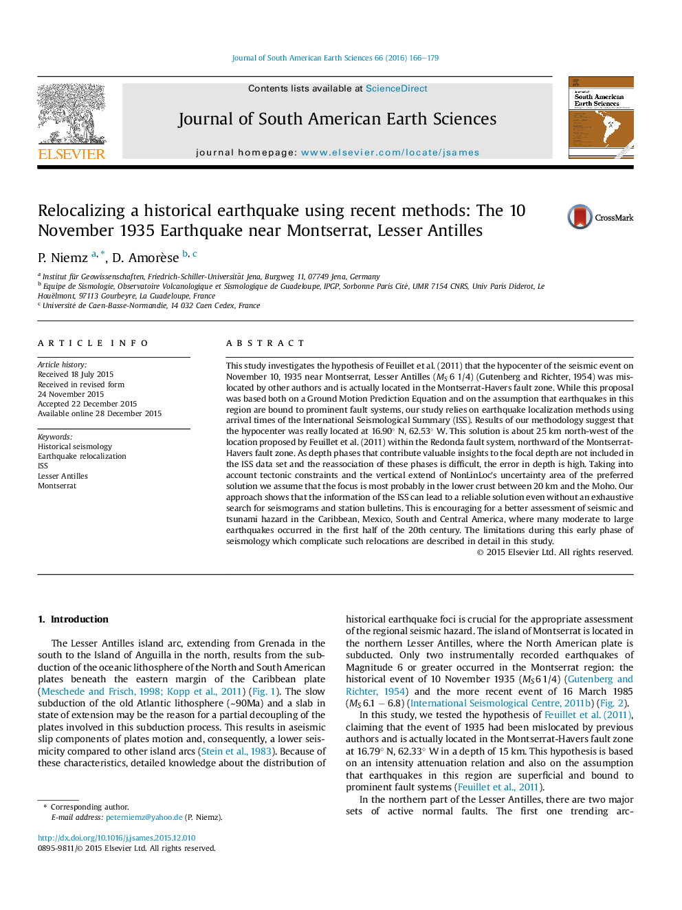 Relocalizing a historical earthquake using recent methods: The 10 November 1935 Earthquake near Montserrat, Lesser Antilles