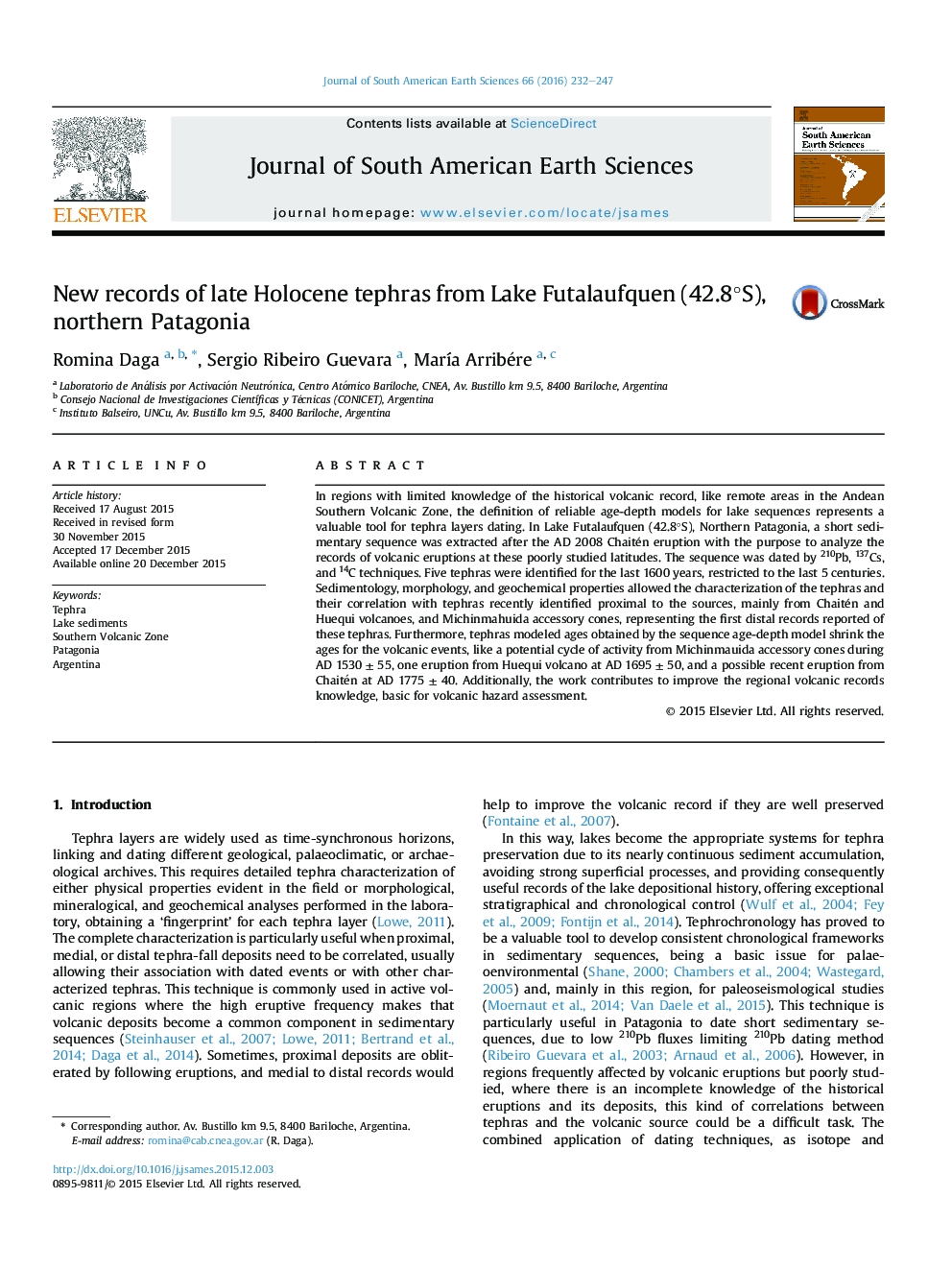 New records of late Holocene tephras from Lake Futalaufquen (42.8°S), northern Patagonia