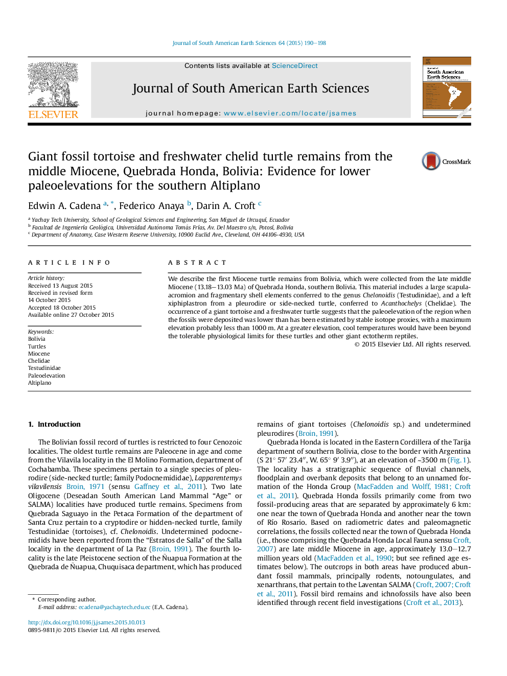 Giant fossil tortoise and freshwater chelid turtle remains from the middle Miocene, Quebrada Honda, Bolivia: Evidence for lower paleoelevations for the southern Altiplano