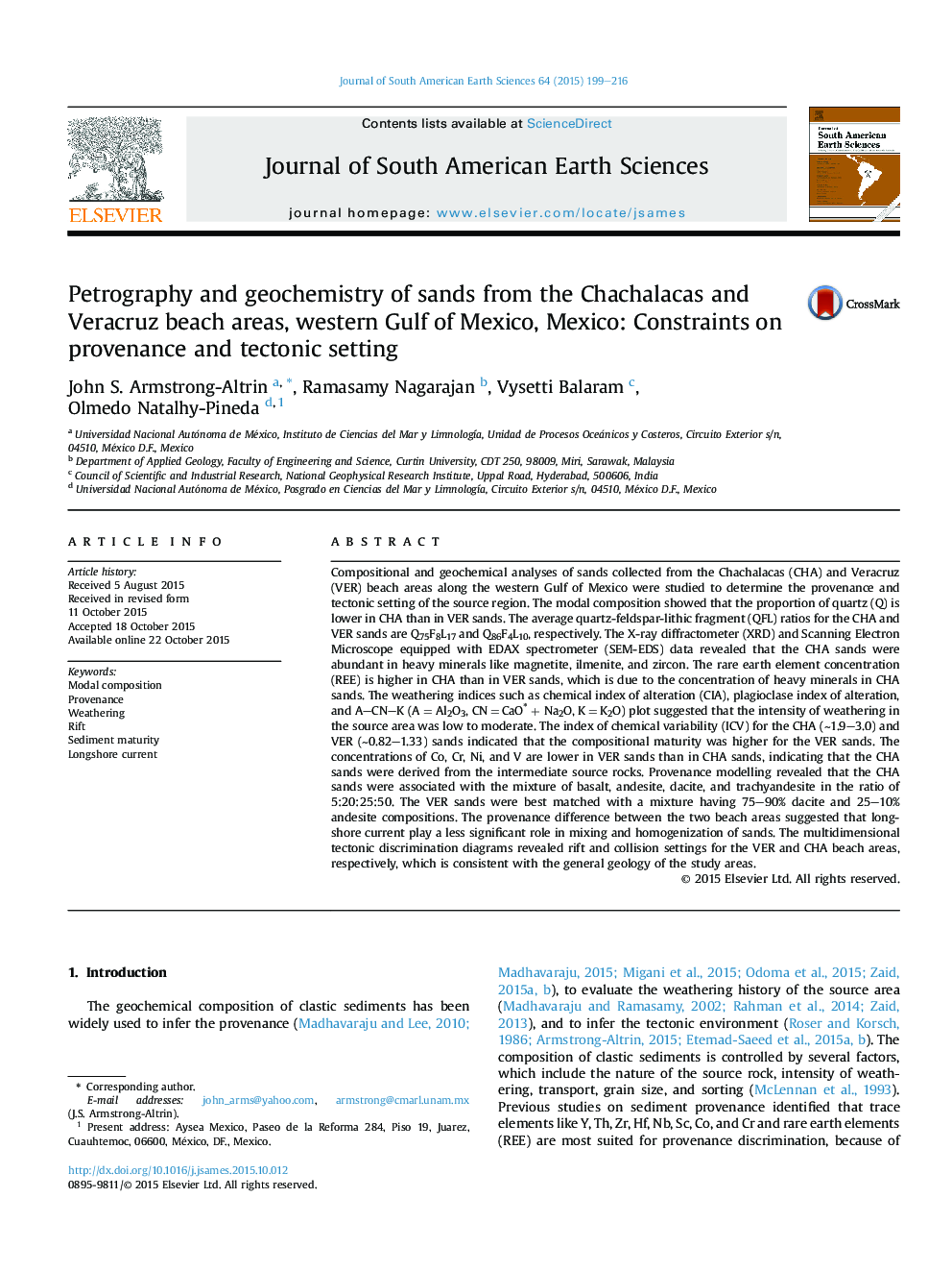 Petrography and geochemistry of sands from the Chachalacas and Veracruz beach areas, western Gulf of Mexico, Mexico: Constraints on provenance and tectonic setting