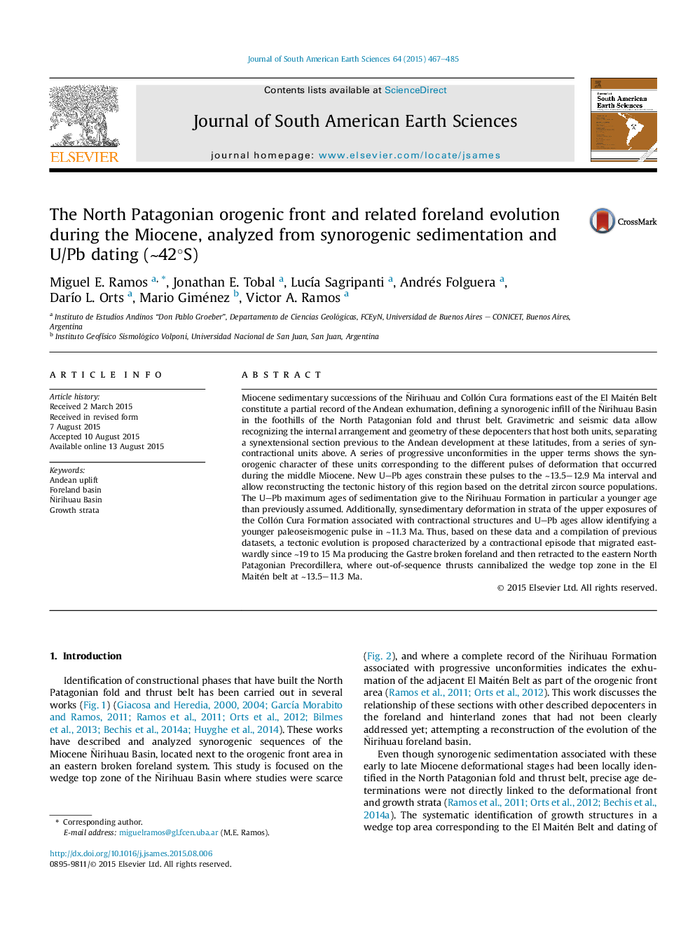 The North Patagonian orogenic front and related foreland evolution during the Miocene, analyzed from synorogenic sedimentation and U/Pb dating (∼42°S)