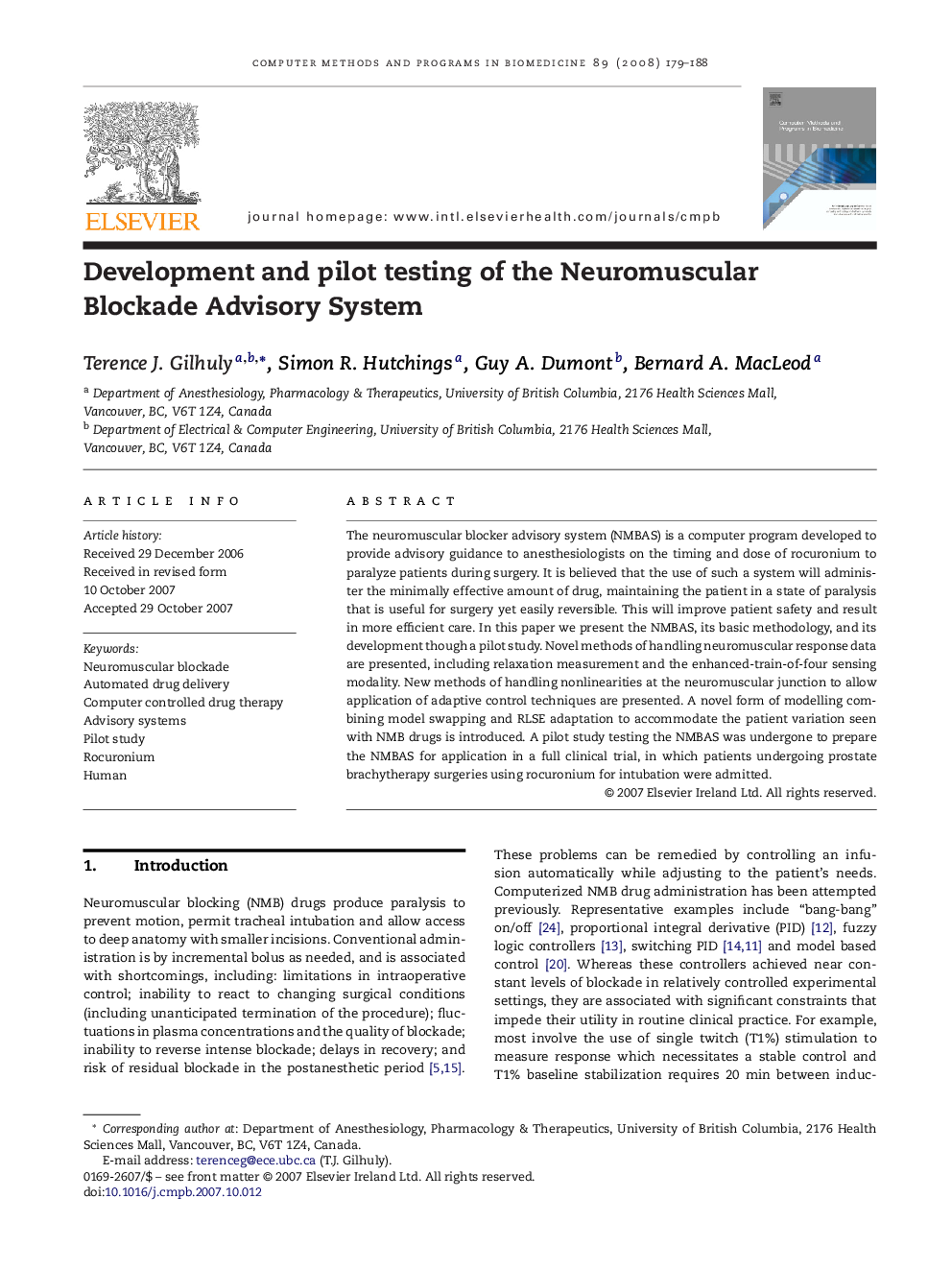 Development and pilot testing of the Neuromuscular Blockade Advisory System