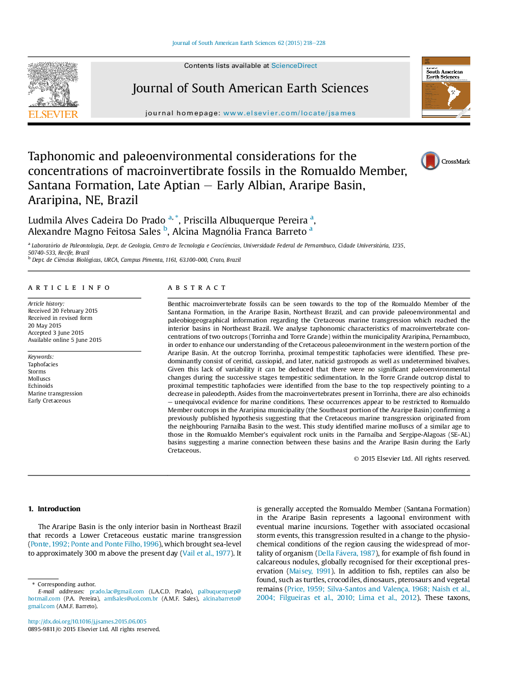 Taphonomic and paleoenvironmental considerations for the concentrations of macroinvertibrate fossils in the Romualdo Member, Santana Formation, Late Aptian – Early Albian, Araripe Basin, Araripina, NE, Brazil