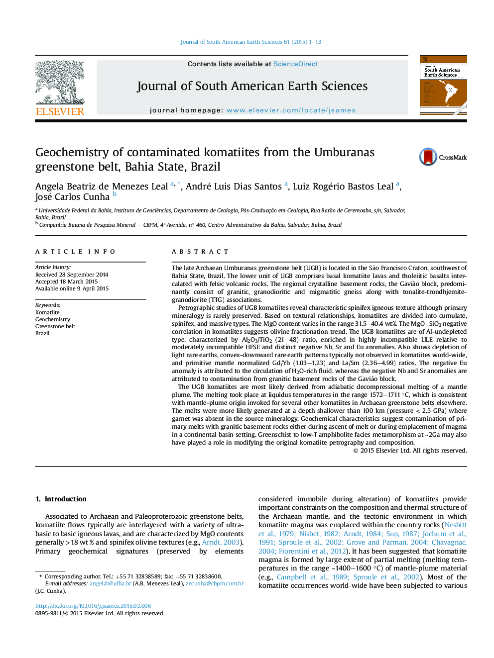 Geochemistry of contaminated komatiites from the Umburanas greenstone belt, Bahia State, Brazil