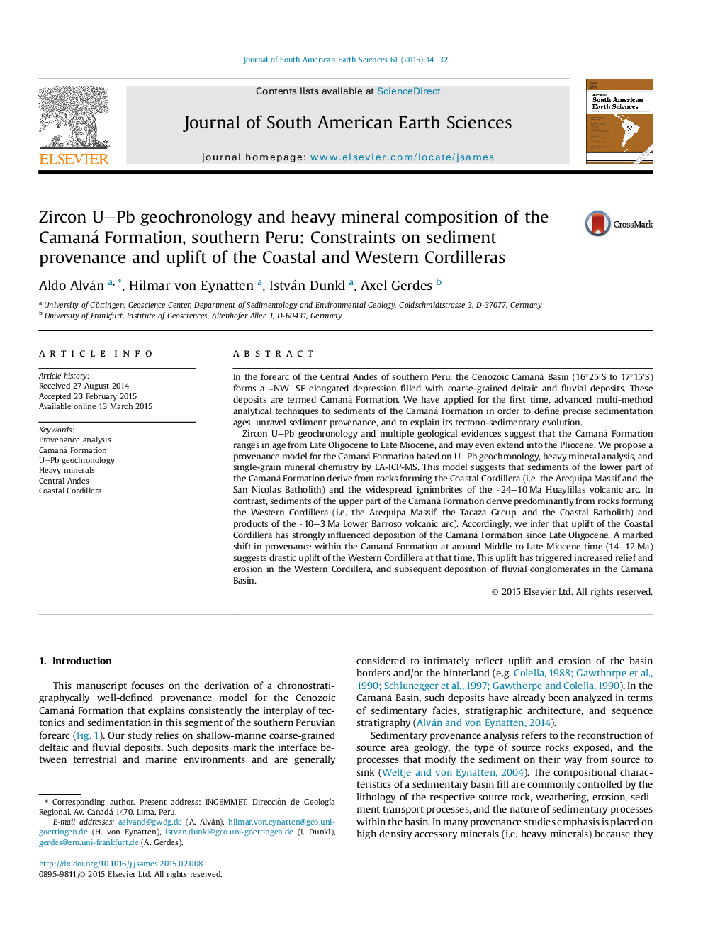 Zircon U–Pb geochronology and heavy mineral composition of the Camaná Formation, southern Peru: Constraints on sediment provenance and uplift of the Coastal and Western Cordilleras