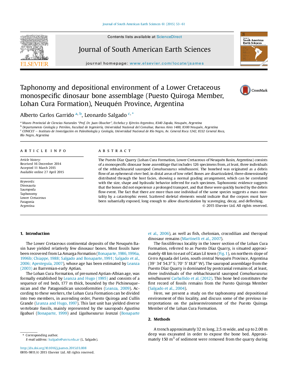 Taphonomy and depositional environment of a Lower Cretaceous monospecific dinosaur bone assemblage (Puesto Quiroga Member, Lohan Cura Formation), Neuquén Province, Argentina