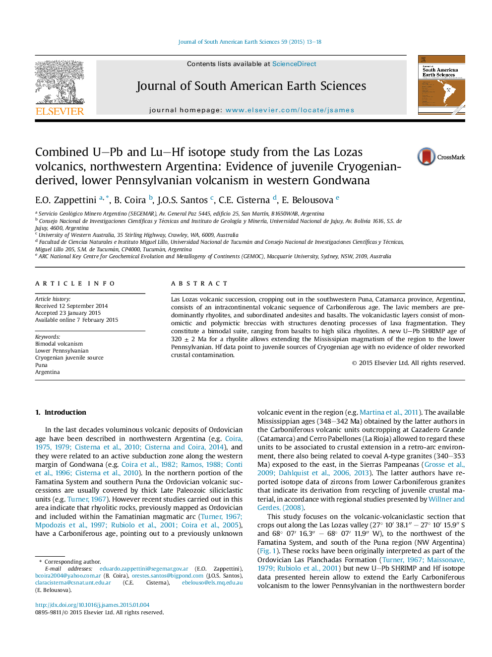 Combined U–Pb and Lu–Hf isotope study from the Las Lozas volcanics, northwestern Argentina: Evidence of juvenile Cryogenian-derived, lower Pennsylvanian volcanism in western Gondwana