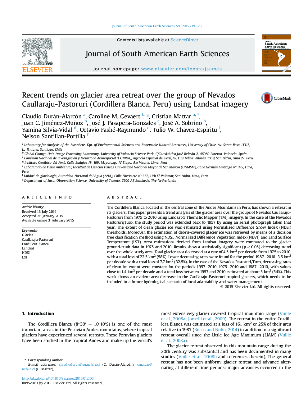 Recent trends on glacier area retreat over the group of Nevados Caullaraju-Pastoruri (Cordillera Blanca, Peru) using Landsat imagery