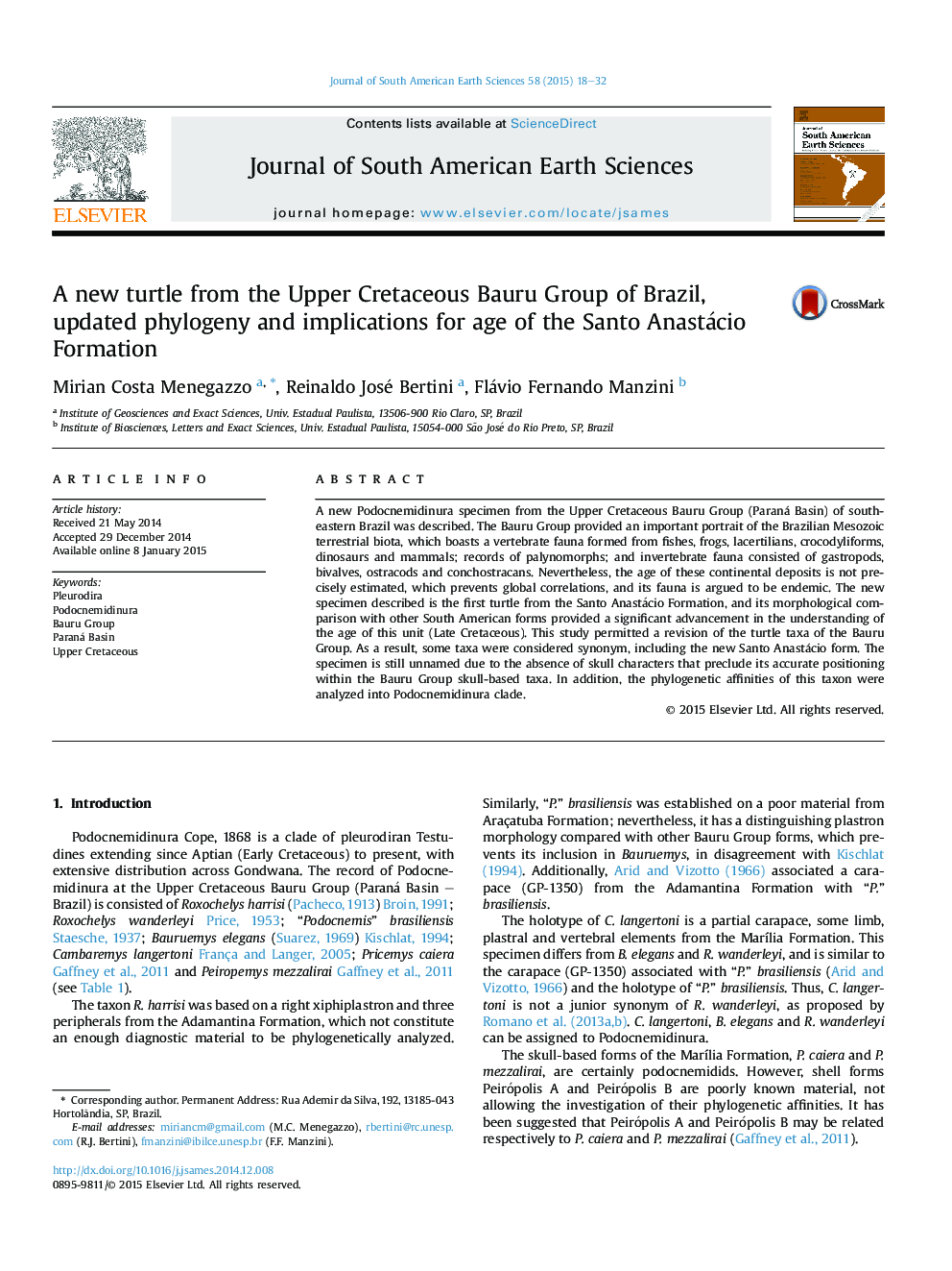 A new turtle from the Upper Cretaceous Bauru Group of Brazil, updated phylogeny and implications for age of the Santo Anastácio Formation