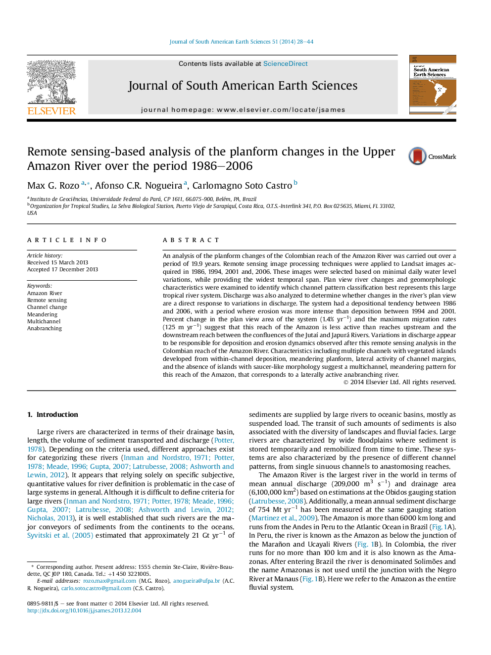 Remote sensing-based analysis of the planform changes in the Upper Amazon River over the period 1986–2006