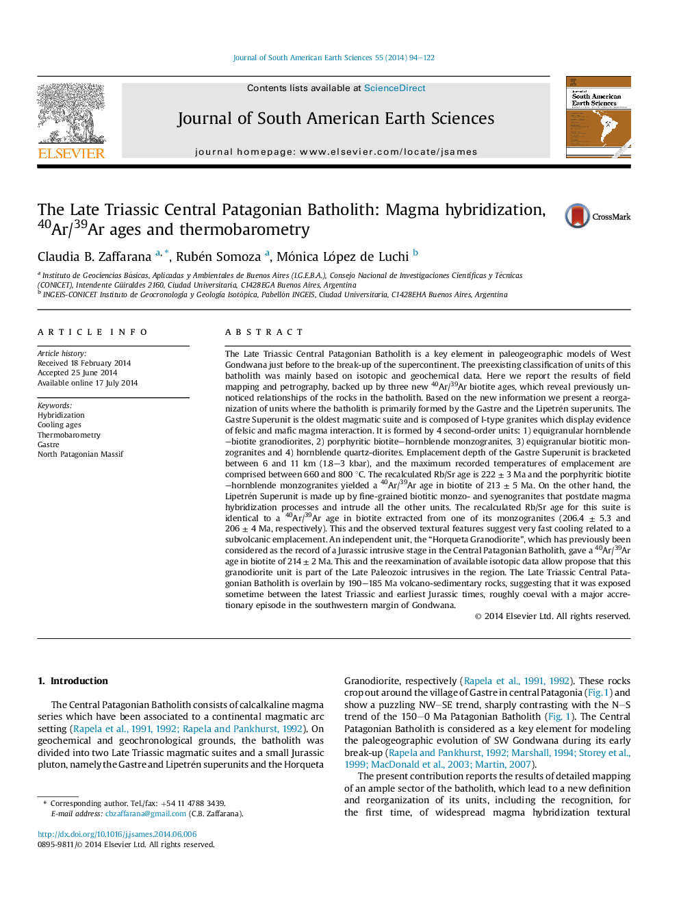 The Late Triassic Central Patagonian Batholith: Magma hybridization, 40Ar/39Ar ages and thermobarometry