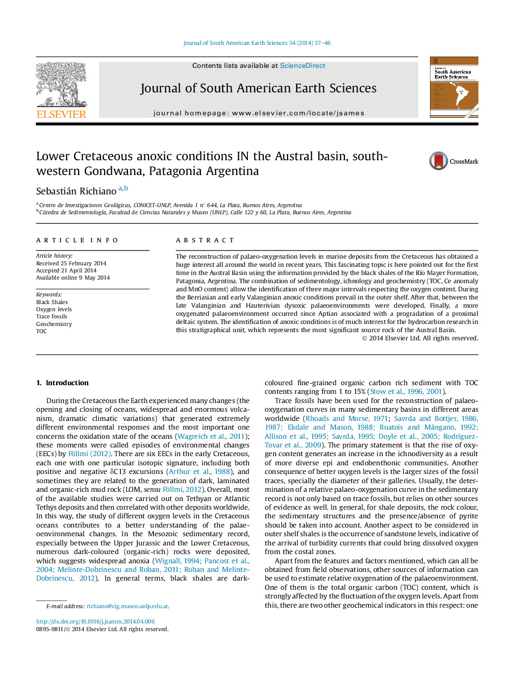 Lower Cretaceous anoxic conditions IN the Austral basin, south-western Gondwana, Patagonia Argentina