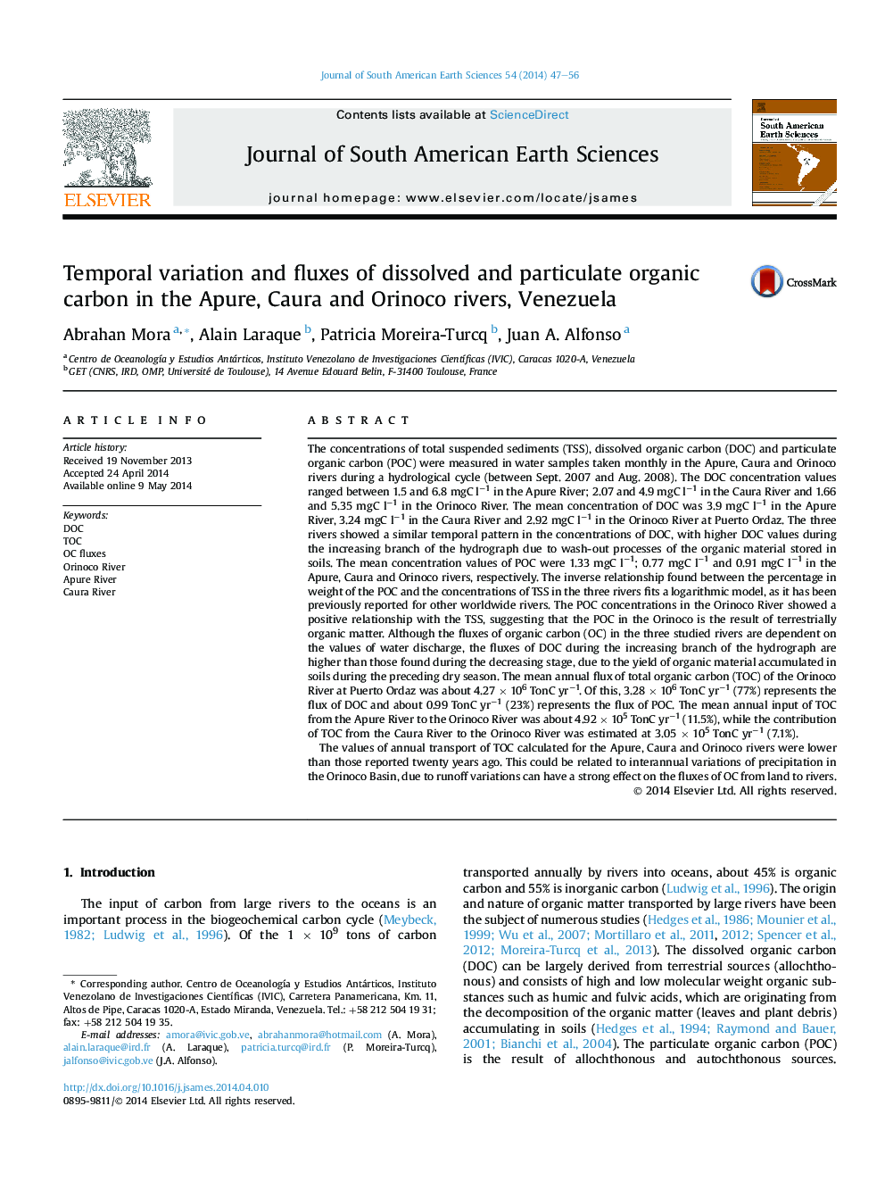 Temporal variation and fluxes of dissolved and particulate organic carbon in the Apure, Caura and Orinoco rivers, Venezuela