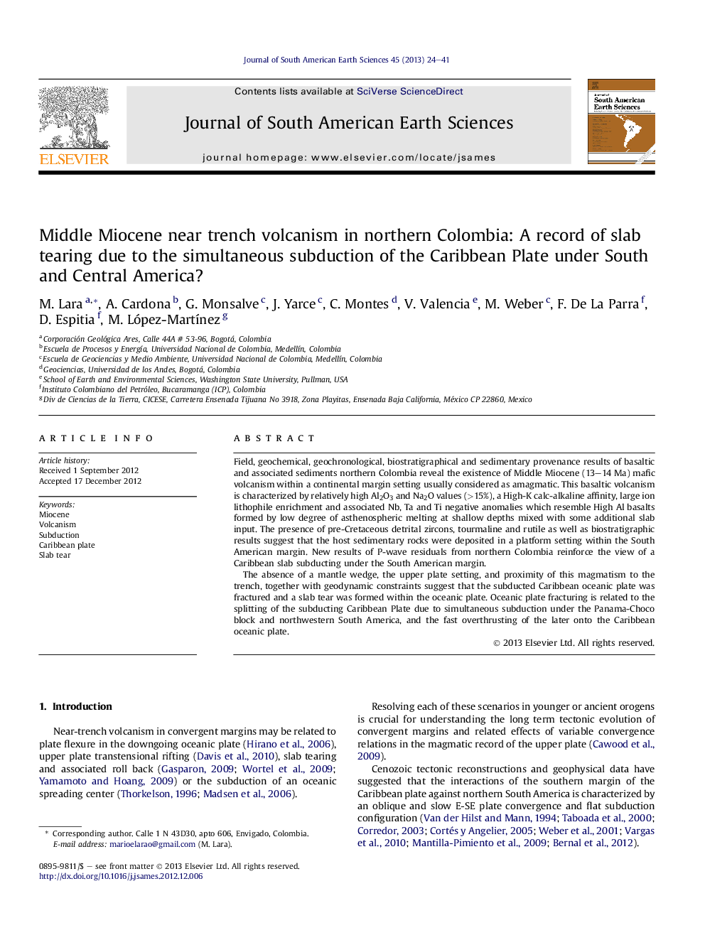 Middle Miocene near trench volcanism in northern Colombia: A record of slab tearing due to the simultaneous subduction of the Caribbean Plate under South and Central America?