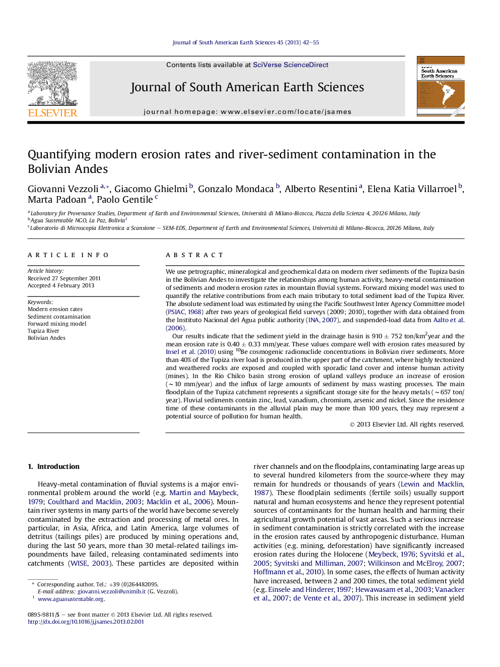 Quantifying modern erosion rates and river-sediment contamination in the Bolivian Andes