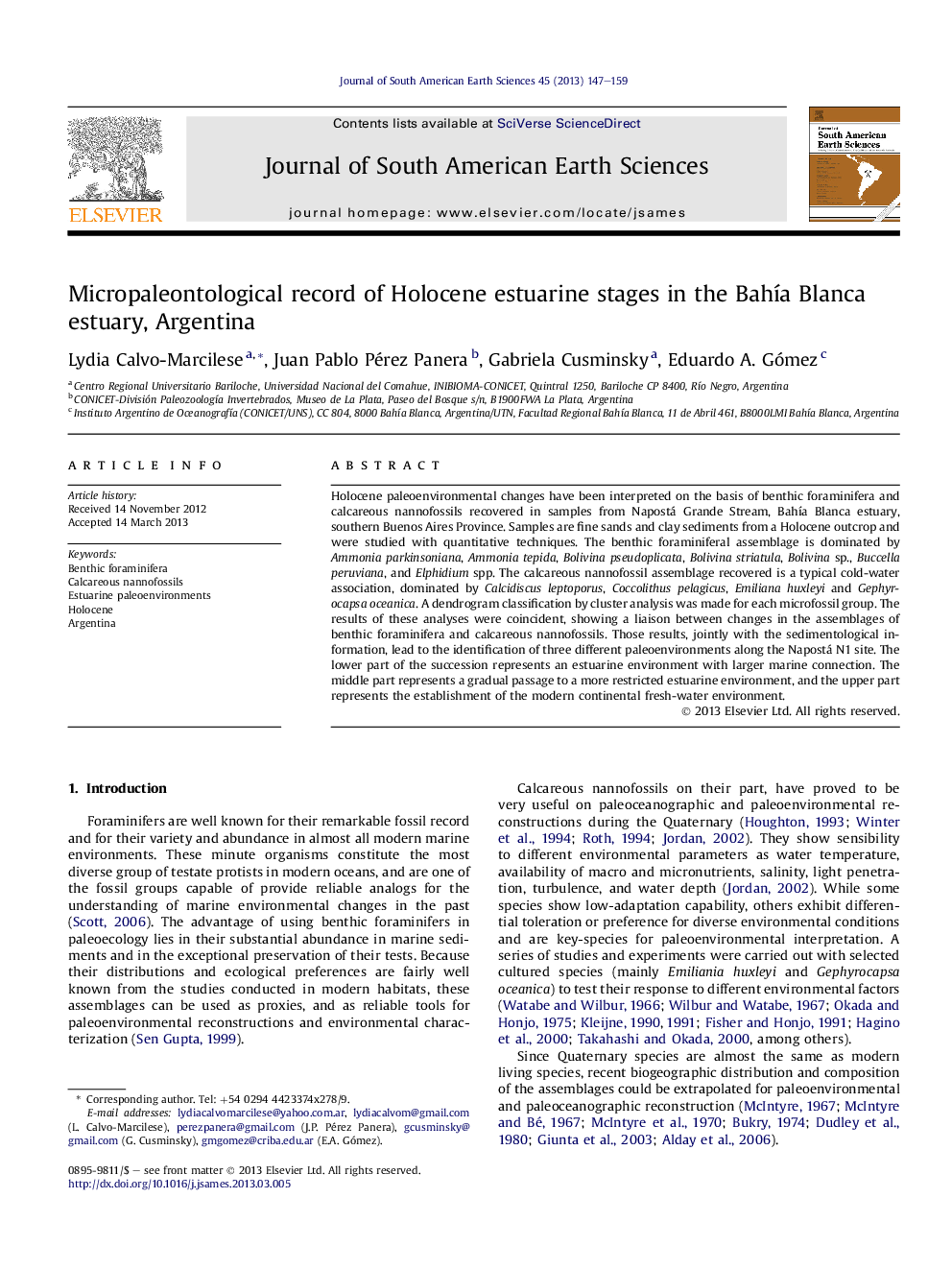 Micropaleontological record of Holocene estuarine stages in the Bahía Blanca estuary, Argentina