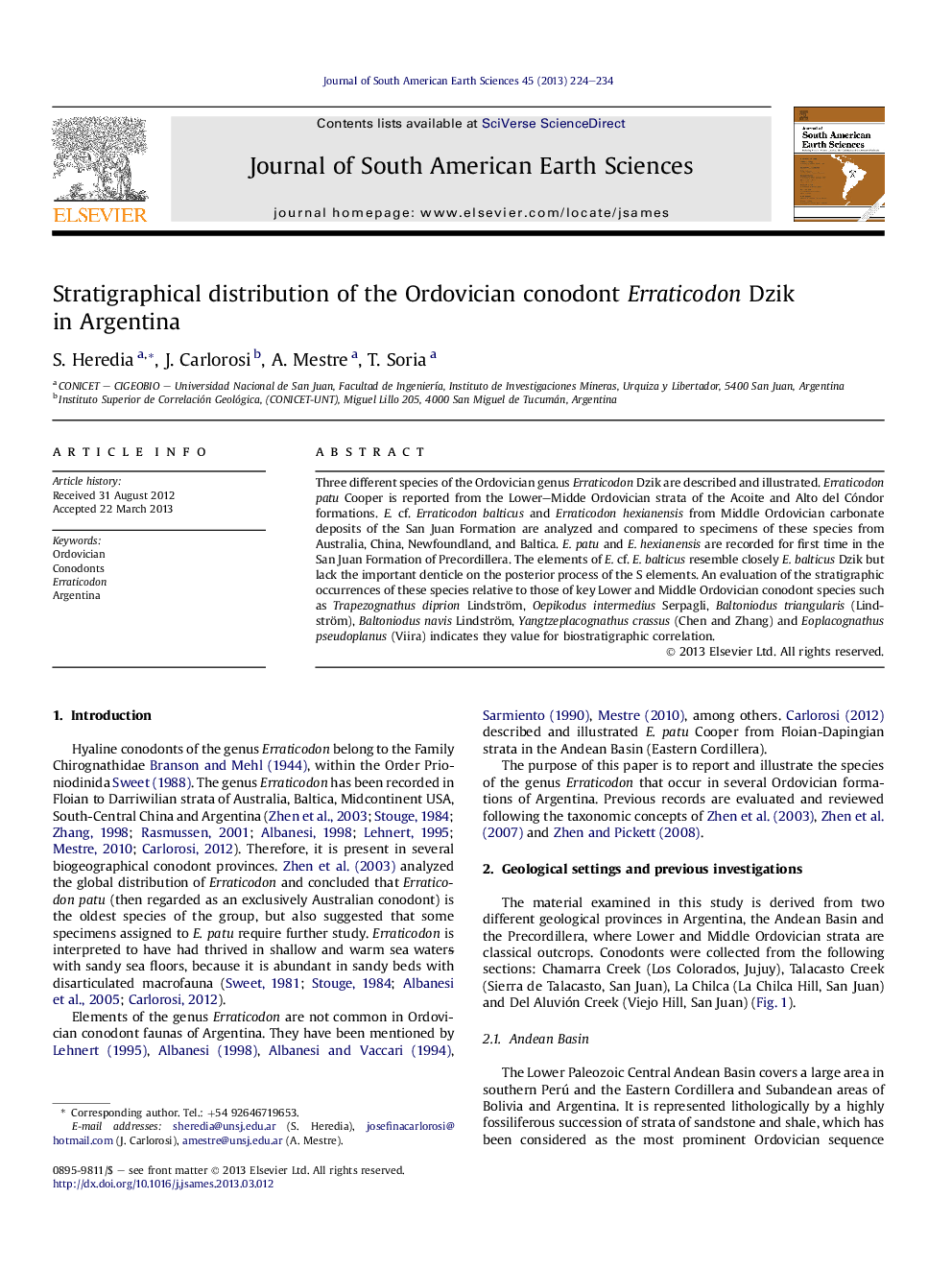 Stratigraphical distribution of the Ordovician conodont Erraticodon Dzik in Argentina