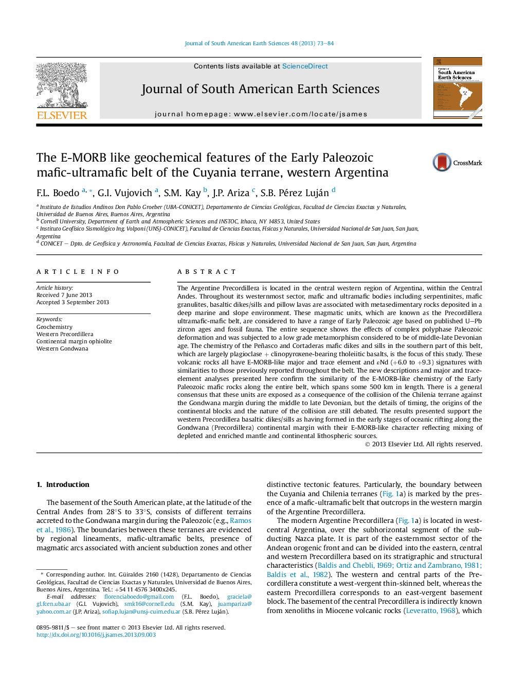 The E-MORB like geochemical features of the Early Paleozoic mafic-ultramafic belt of the Cuyania terrane, western Argentina