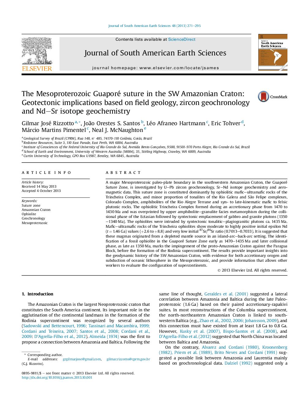 The Mesoproterozoic Guaporé suture in the SW Amazonian Craton: Geotectonic implications based on field geology, zircon geochronology and Nd–Sr isotope geochemistry