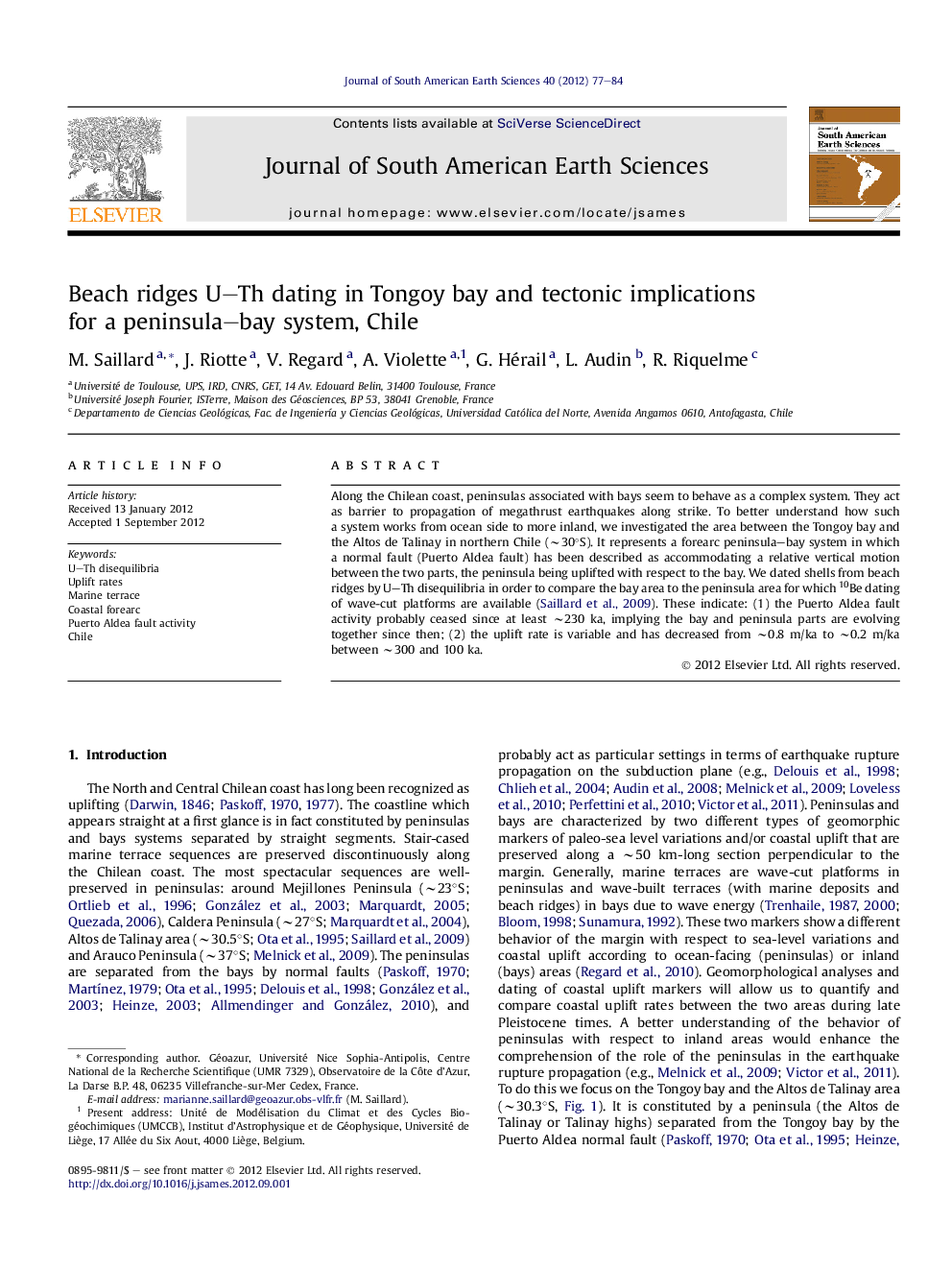 Beach ridges U–Th dating in Tongoy bay and tectonic implications for a peninsula–bay system, Chile