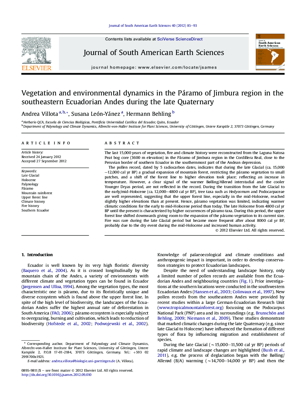 Vegetation and environmental dynamics in the Páramo of Jimbura region in the southeastern Ecuadorian Andes during the late Quaternary