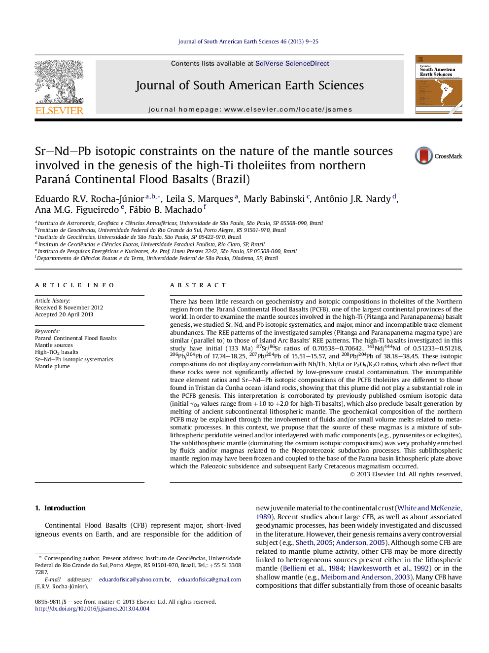 Sr–Nd–Pb isotopic constraints on the nature of the mantle sources involved in the genesis of the high-Ti tholeiites from northern Paraná Continental Flood Basalts (Brazil)