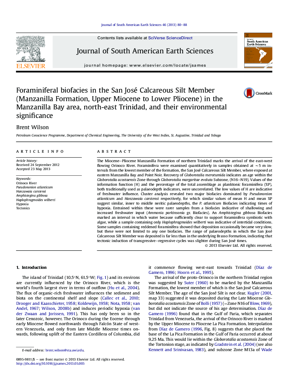 Foraminiferal biofacies in the San José Calcareous Silt Member (Manzanilla Formation, Upper Miocene to Lower Pliocene) in the Manzanilla Bay area, north-east Trinidad, and their environmental significance