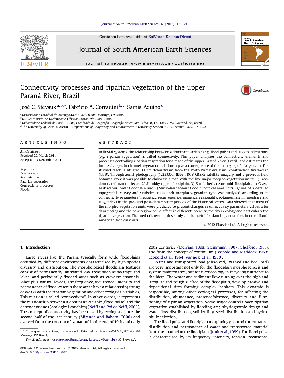 Connectivity processes and riparian vegetation of the upper Paraná River, Brazil