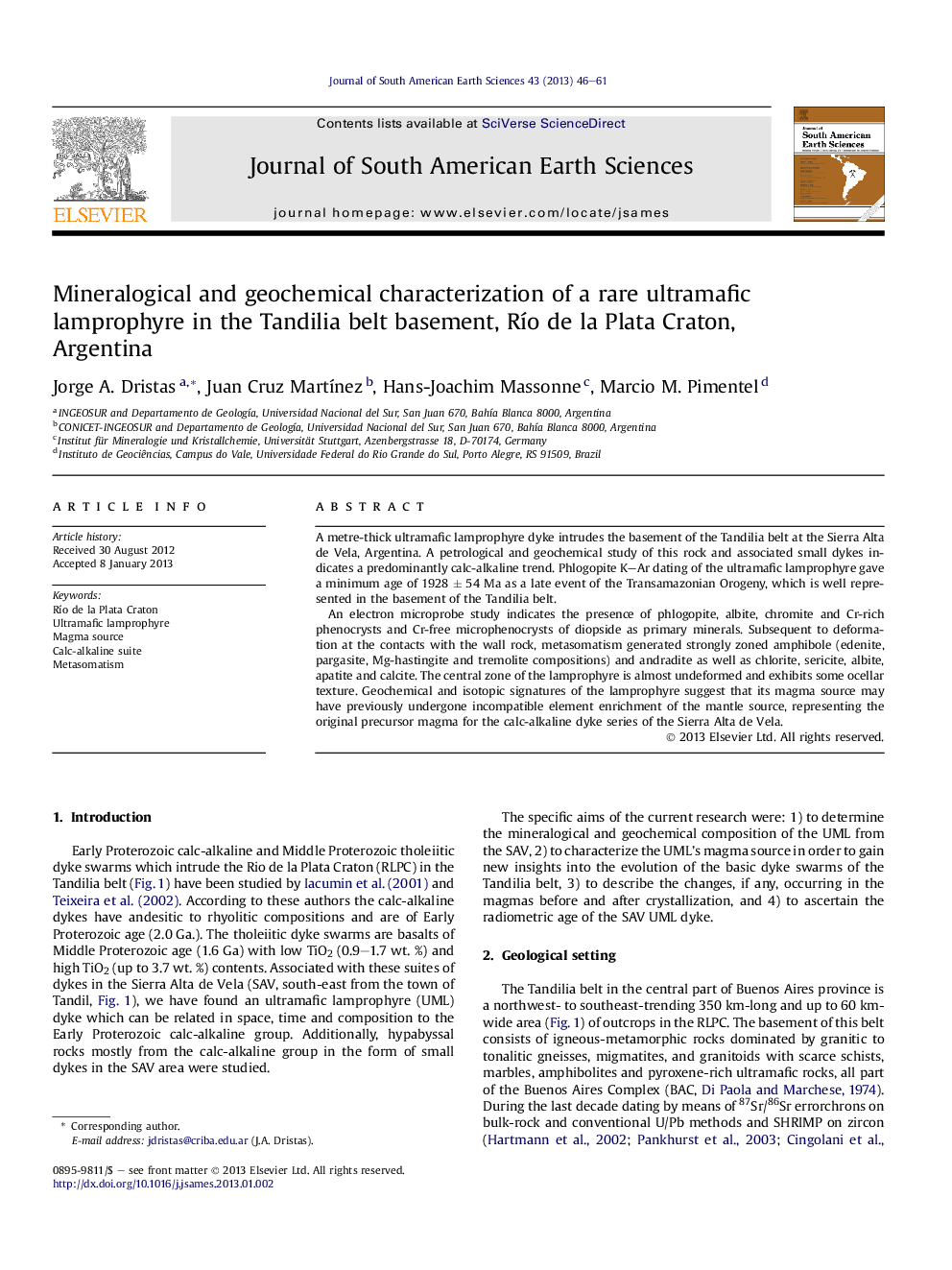 Mineralogical and geochemical characterization of a rare ultramafic lamprophyre in the Tandilia belt basement, RÃ­o de la Plata Craton, Argentina